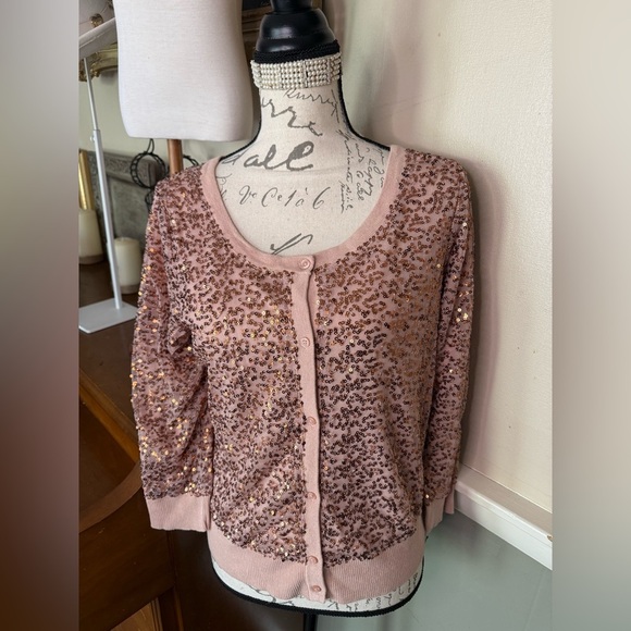 American Eagle Outfitters Rose Gold Sequin Shimmer Sparkle 3/4 Sleeve Cardigan - Picture 4 of 9